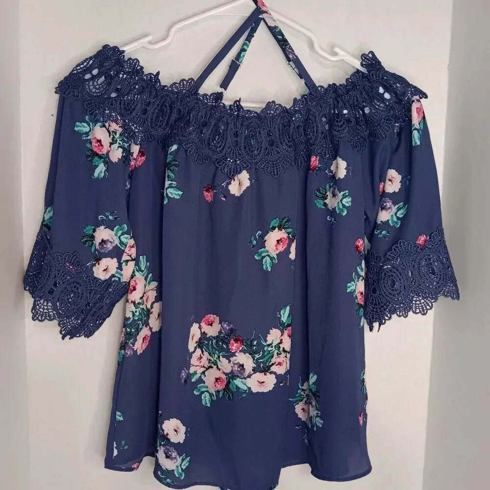 IZ Byer Women's Cold Shoulder Blouse 3/4 Sleeve Lace Embellished Blue Size M
